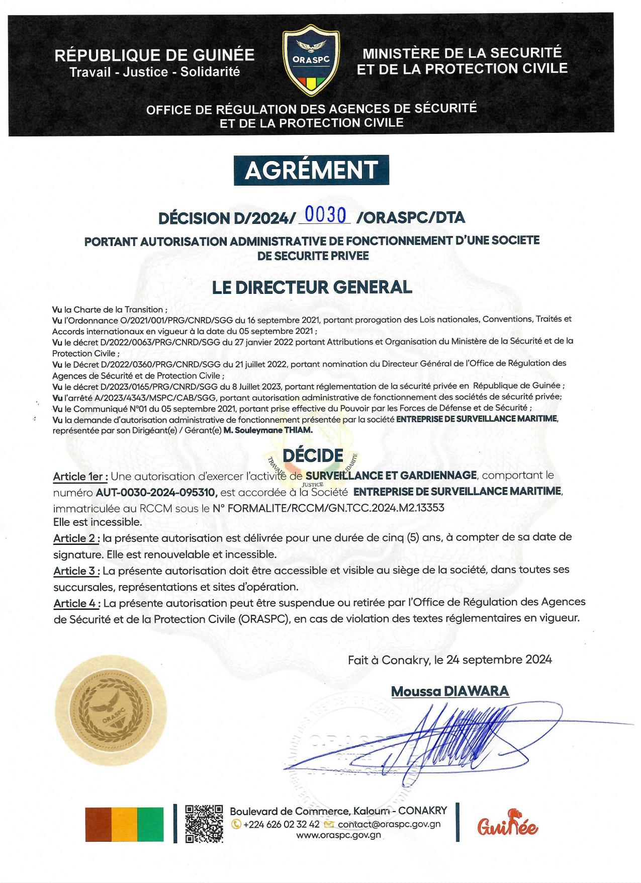 Agrément officiel ORASPC autorisant ESM SARL à exercer la surveillance et le gardiennage